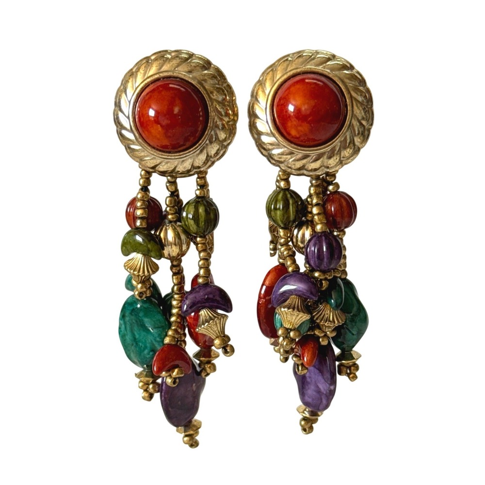 Vintage Gold Tone Multi Color Beaded Tassel Clip On Earrings Boho Statement